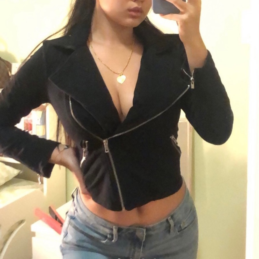 Black cropped cotton biker jacket - Picture 2 of 5